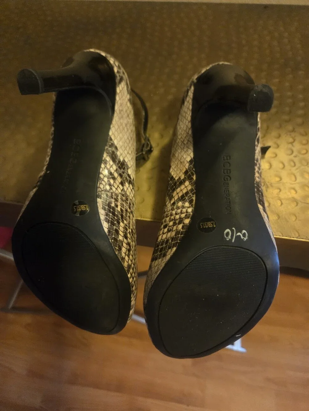 Snake-Print Peep-Toe Ankle-Strap Heels in Beige/Black.  Removable Strap.